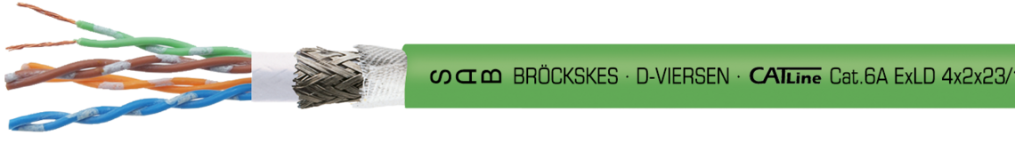 CAT 6A Gigabit Ethernet Leitung für explosionsgefährderte Bereiche mit UL Approbation Aufdruck-Beispiel:
SAB BRÖCKSKES · D-VIERSEN · CATLine Cat.6A ExLD 4x2x23/1AWG 1639-9015 UL AWM Style 20549 80°C 300V CE