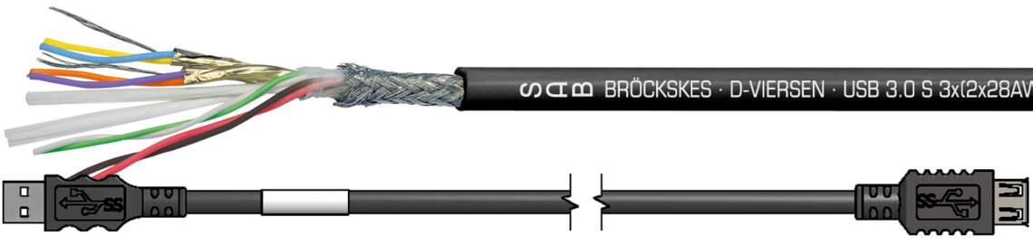 Aufdruck-Beispiel:
SAB BRÖCKSKES · D-VIERSEN · USB 3.0 S 3x(2x28AWG)ST+2x26AWG 0604-2098 UL AWM Style 20549 80°C 300V CE