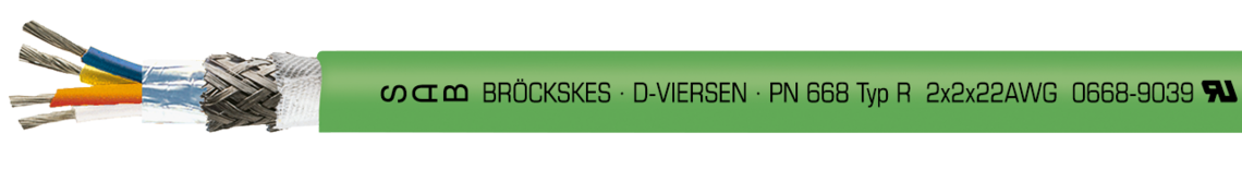 Profinet Typ R, robotertauglich mit UL Approbation Aufdruck-Beispiel: SAB BRÖCKSKES · D-VIERSEN · PN 668 Typ R 2x2x22AWG 0668-9039 UL AWM Style 21198 80° 300V