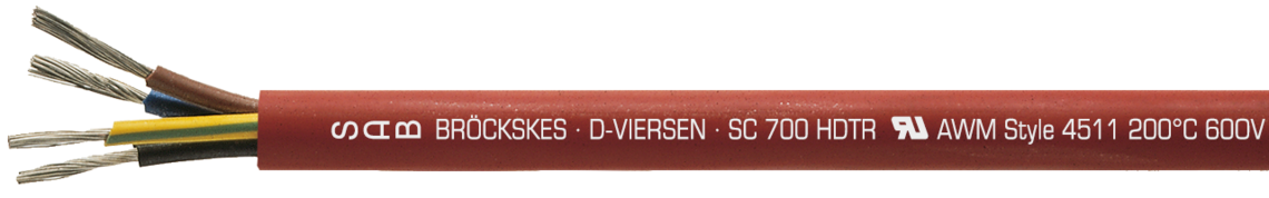 Aufdruck-Beispiel: SAB BRÖCKSKES · D-VIERSEN · SC 700 HDTR UL AWM Style 4511 200°C 60OV cUL AWM I/II A/B 200°C 600V FT1 FT2 CE