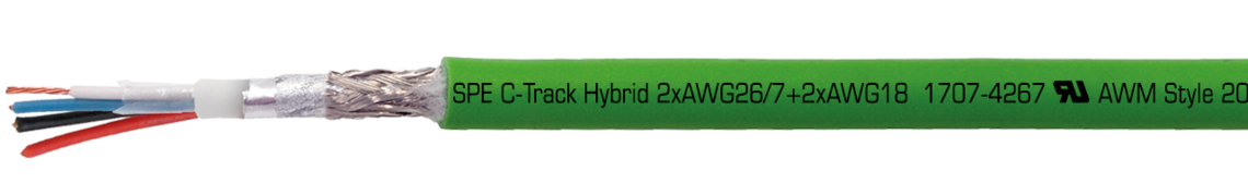 Aufdruck-Beispiel: SAB BRÖCKSKES · D-VIERSEN · CATLine SPE C-Track Hybrid 2xAWG26/7+2xAWG18  1707-4267  UL AWM Style 20233 80°C 300V  CE