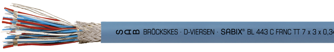 Aufdruck-Beispiel: SAB BRÖCKSKES · D-VIERSEN ·  SABIX® BL 443 C FRNC TT 7 x 3 x 0,34 mm² - IEC 60332-3-22 - 300V DNV CE und laufende Meterbedruckung